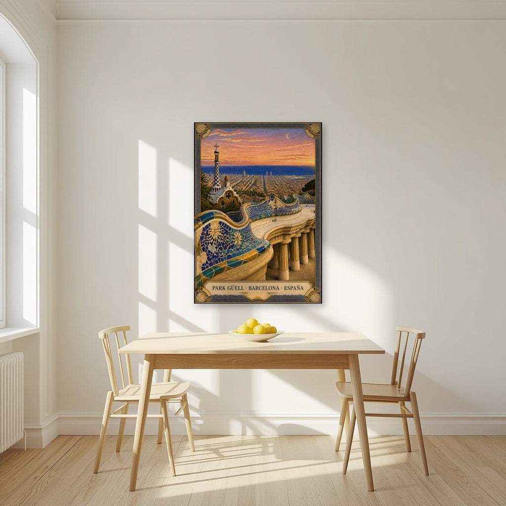 Park Güell — Barcelona art print, unframed poster, styled in a kitchen