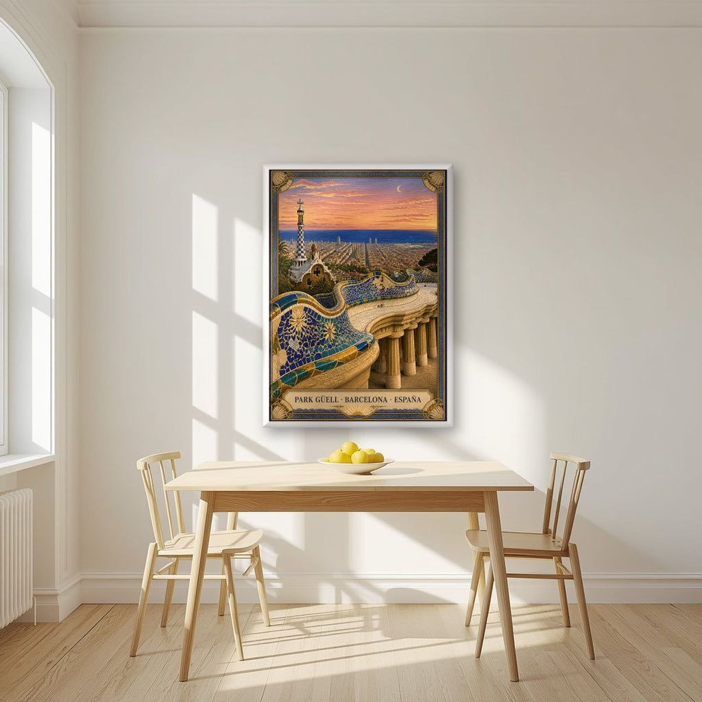 Park Güell — Barcelona art print, in a white frame, styled in a kitchen