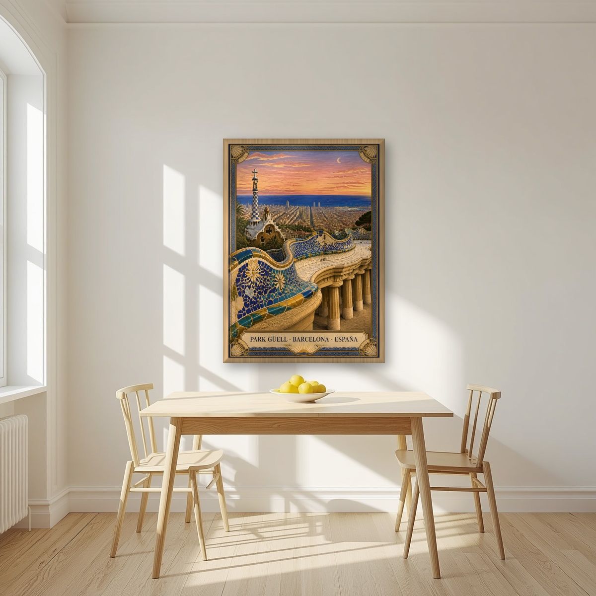 Park Güell — Barcelona art print, in an oak frame, styled in a kitchen