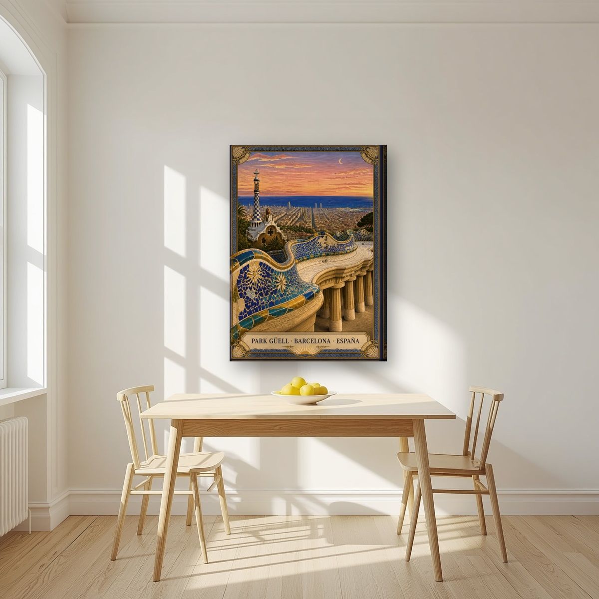 Park Güell — Barcelona art print, on slim canvas, styled in a kitchen
