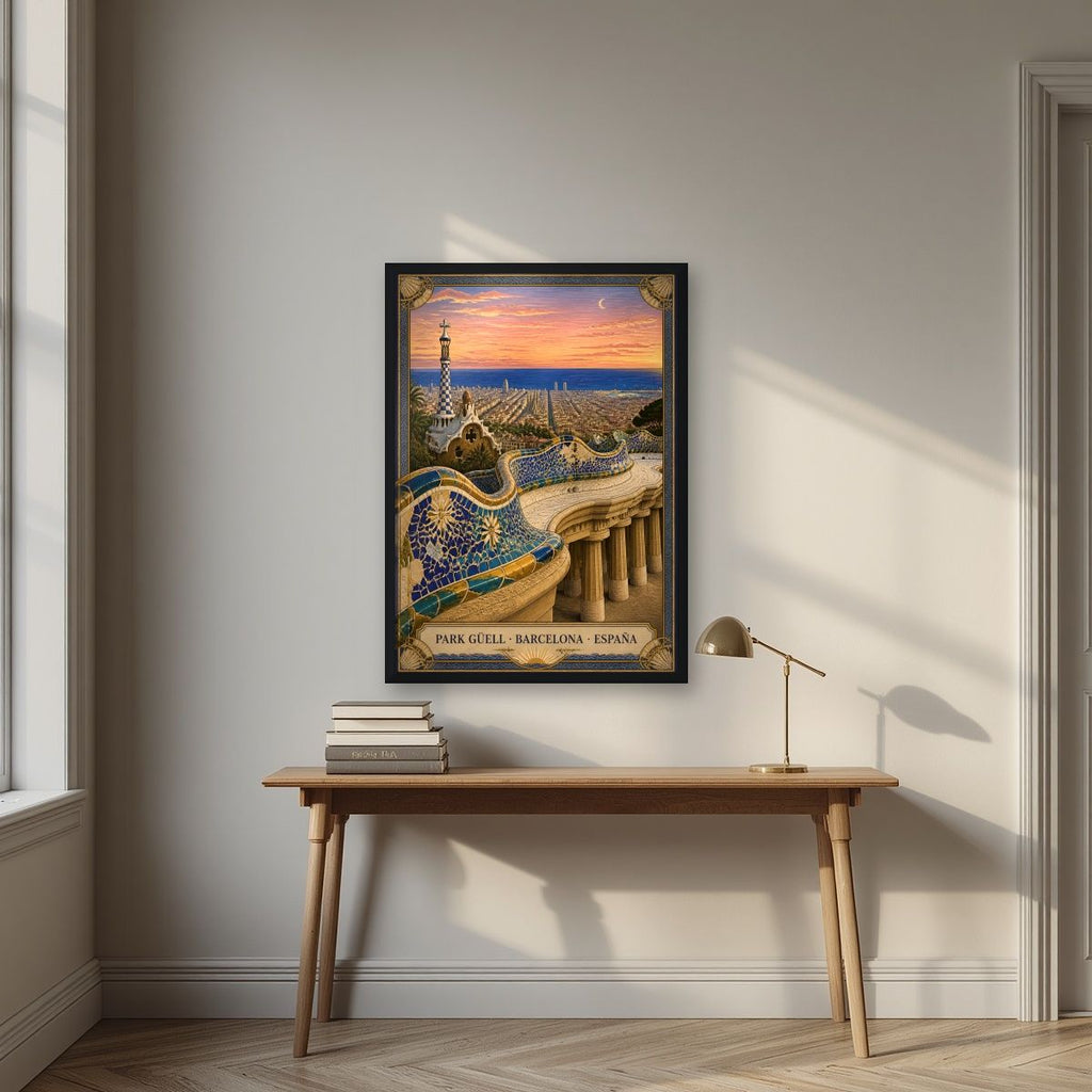 Park Güell — Barcelona art print, in a black frame, styled in a desk