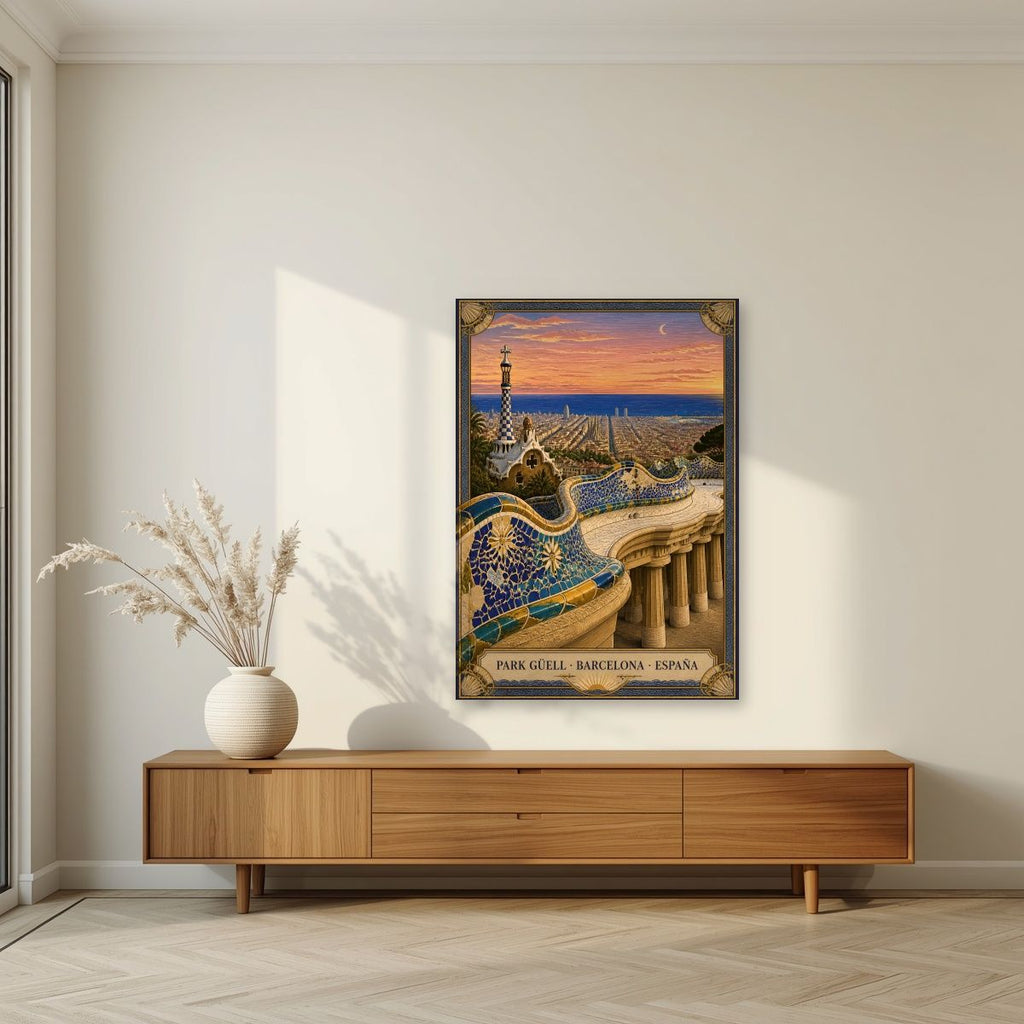 Park Güell — Barcelona art print, unframed poster, styled in a living room