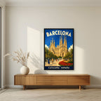 Sagrada Família — Barcelona art print, in a black frame, styled in a living room