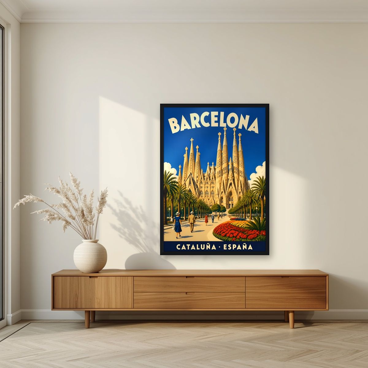 Sagrada Família — Barcelona art print, in a black frame, styled in a living room