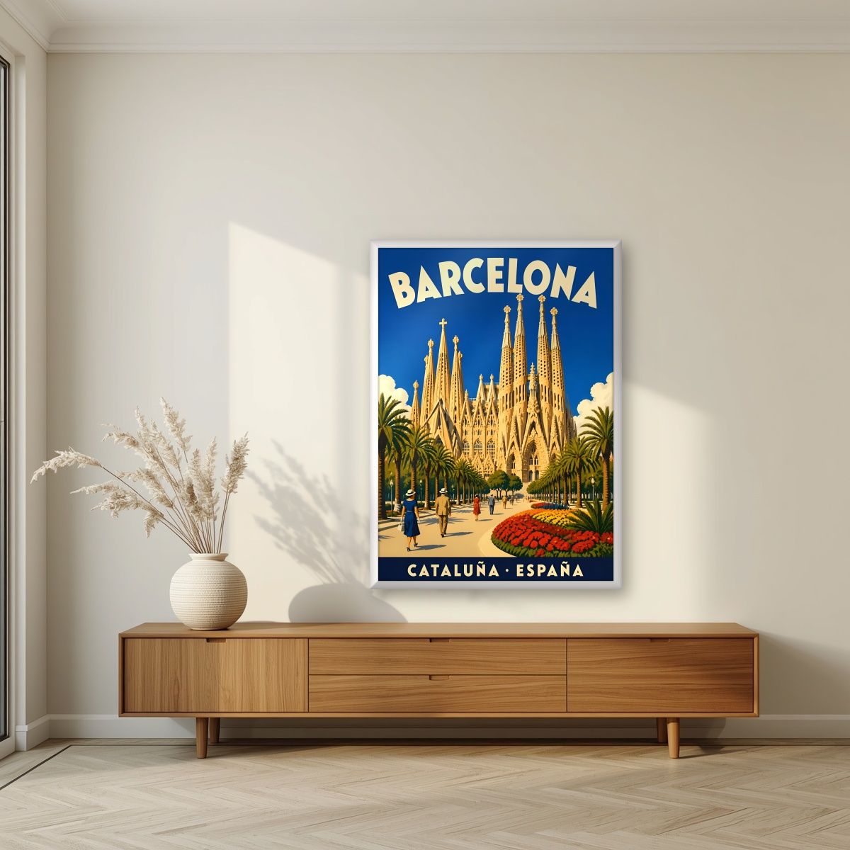 Sagrada Família — Barcelona art print, in a white frame, styled in a living room