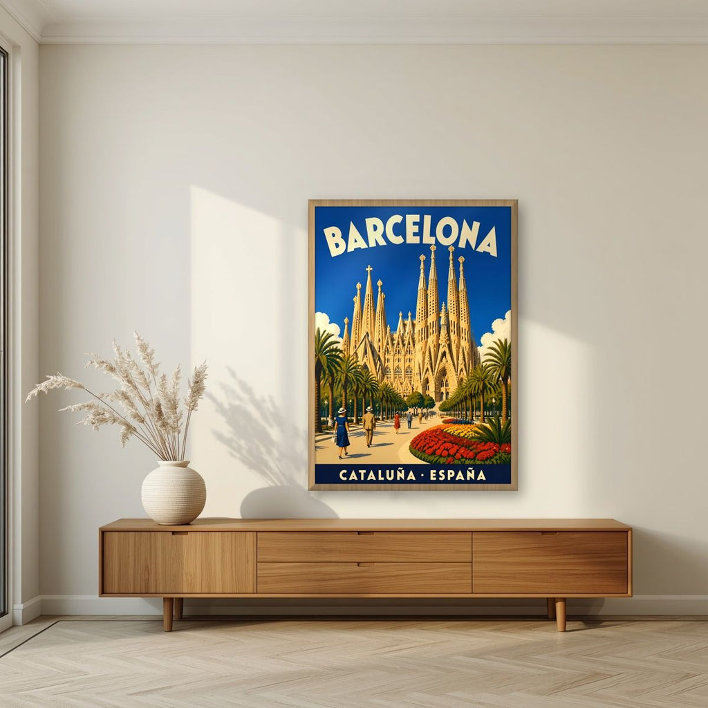 Sagrada Família — Barcelona art print, in an oak frame, styled in a living room