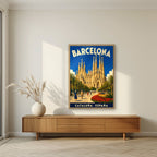Sagrada Família — Barcelona art print, in an oak frame, styled in a living room