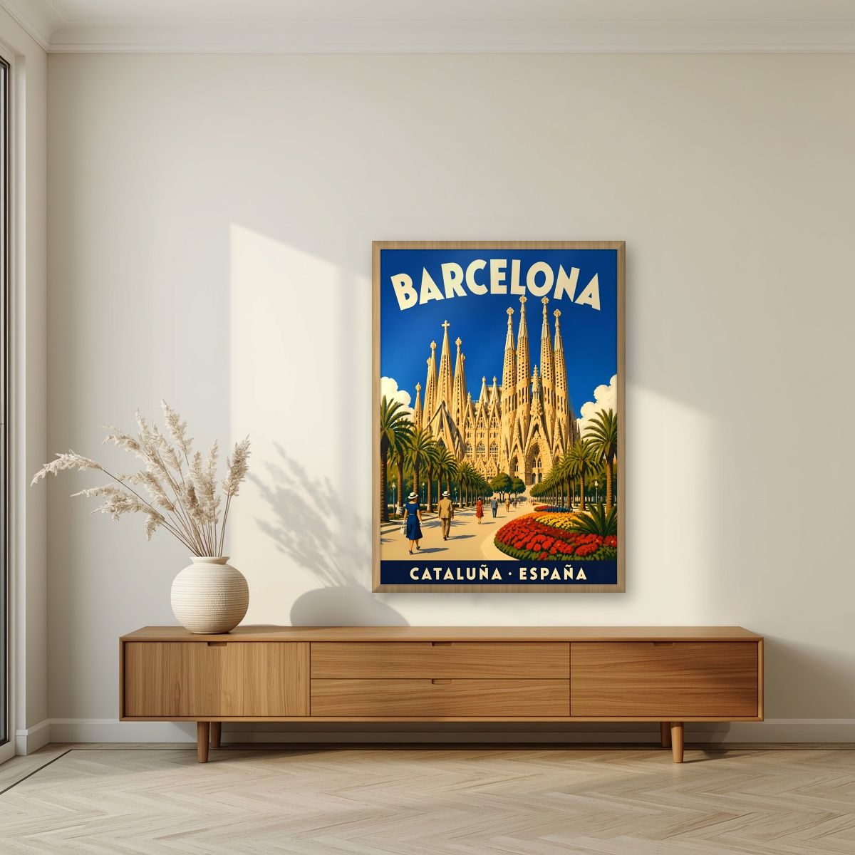 Sagrada Família — Barcelona art print, in an oak frame, styled in a living room