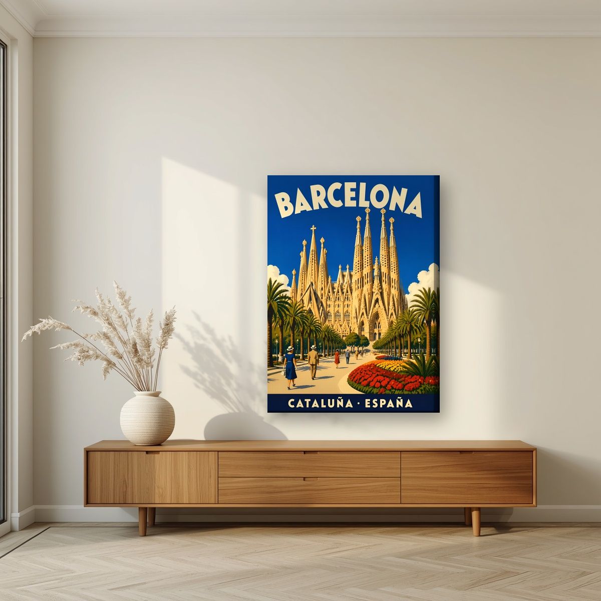 Sagrada Família — Barcelona art print, on slim canvas, styled in a living room