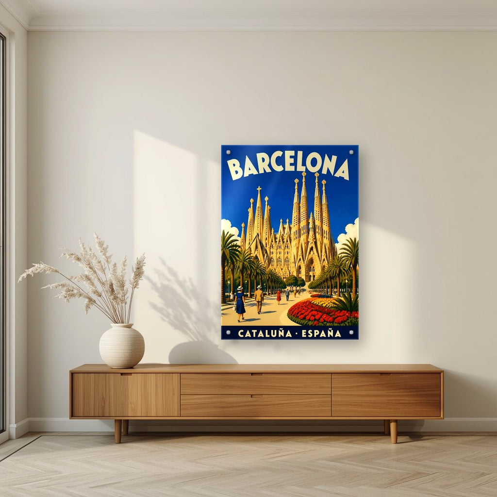 Sagrada Família — Barcelona art print, as an acrylic print, styled in a living room