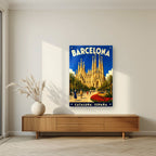 Sagrada Família — Barcelona art print, as an acrylic print, styled in a living room