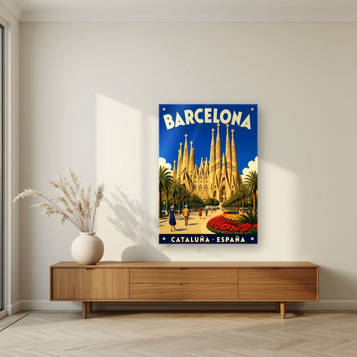 Sagrada Família — Barcelona art print, as an acrylic print, styled in a living room