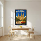Sagrada Família — Barcelona art print, in a black frame, styled in a kitchen