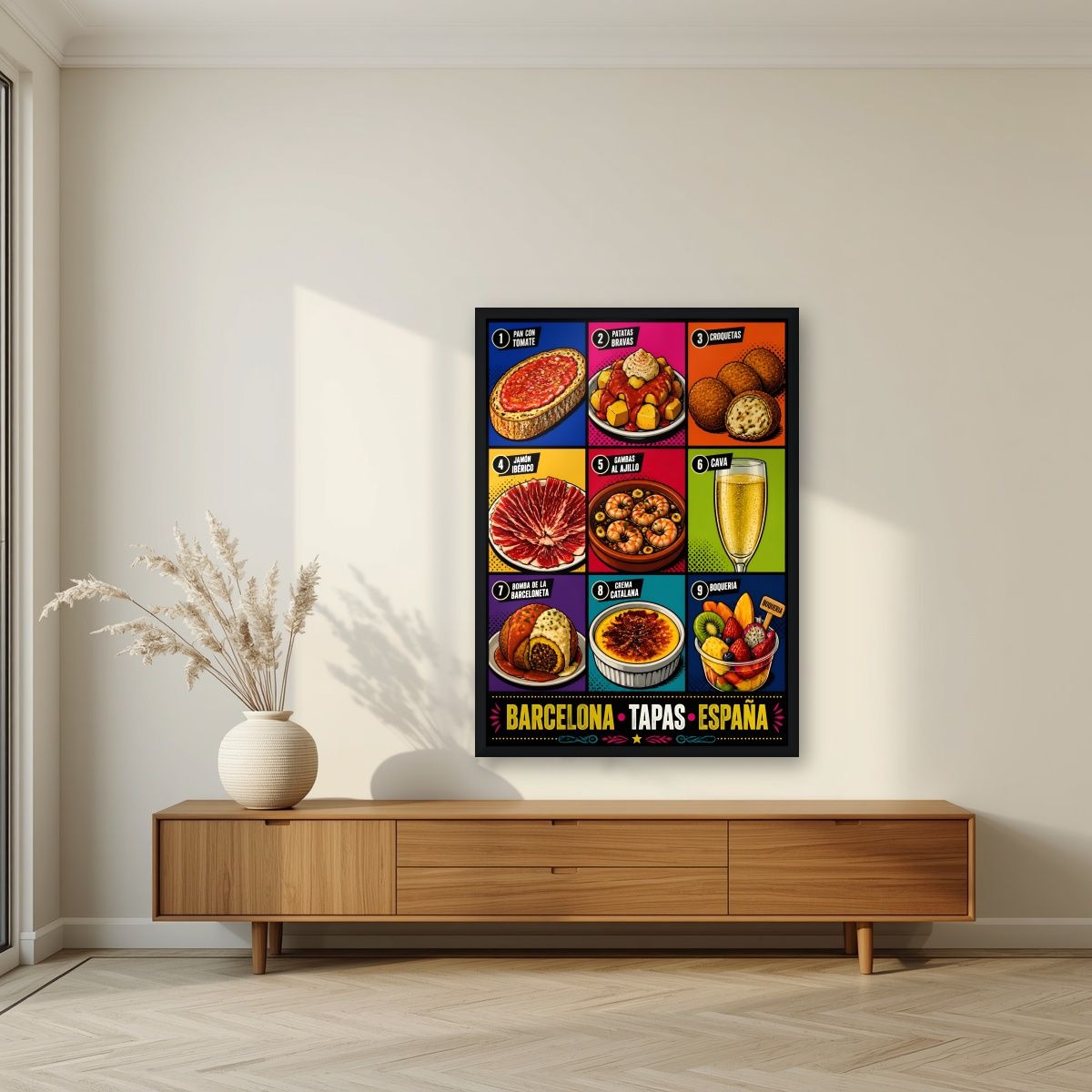Tapas — Barcelona art print, in a black frame, styled in a living room