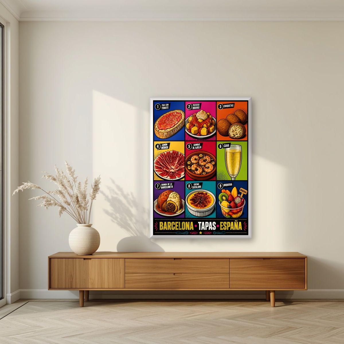 Tapas — Barcelona art print, in a white frame, styled in a living room