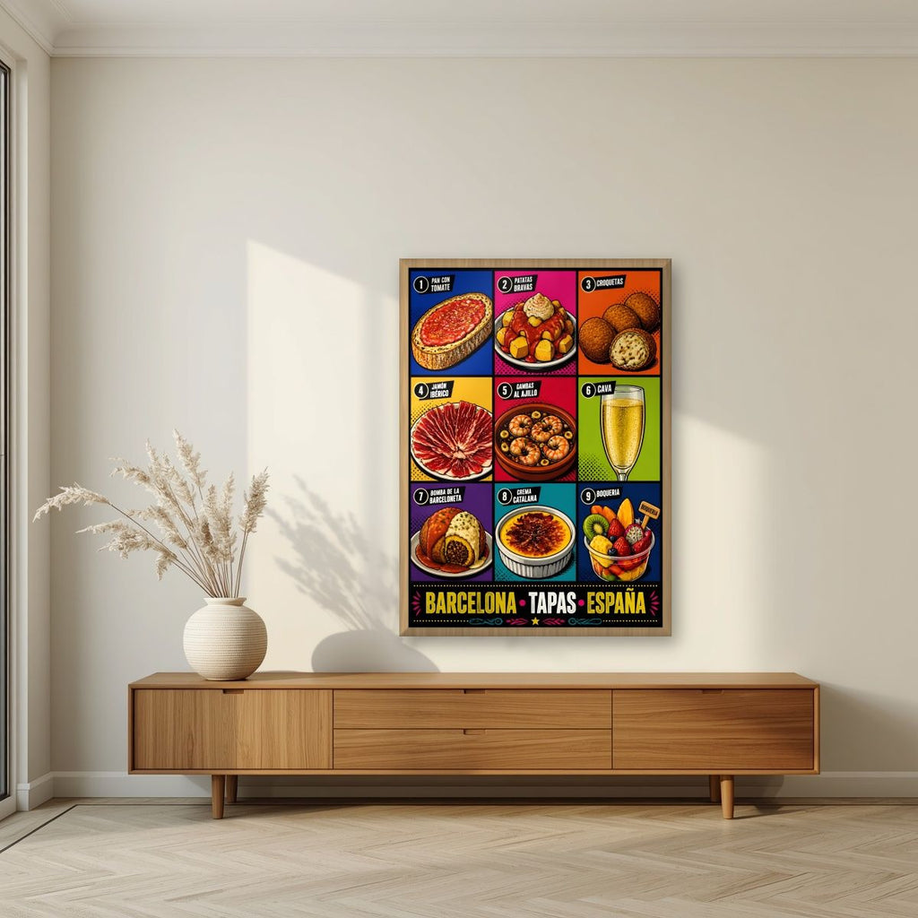 Tapas — Barcelona art print, in an oak frame, styled in a living room
