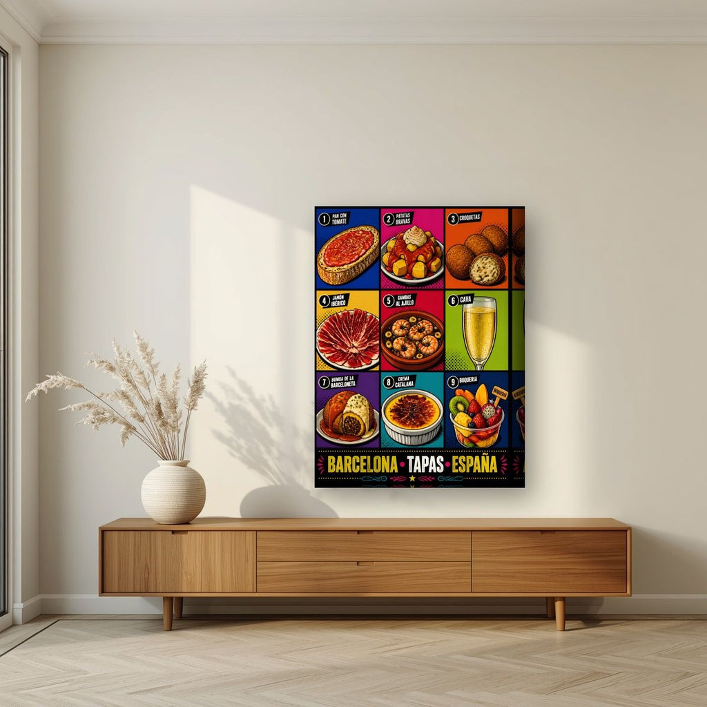 Tapas — Barcelona art print, on thick canvas, styled in a living room