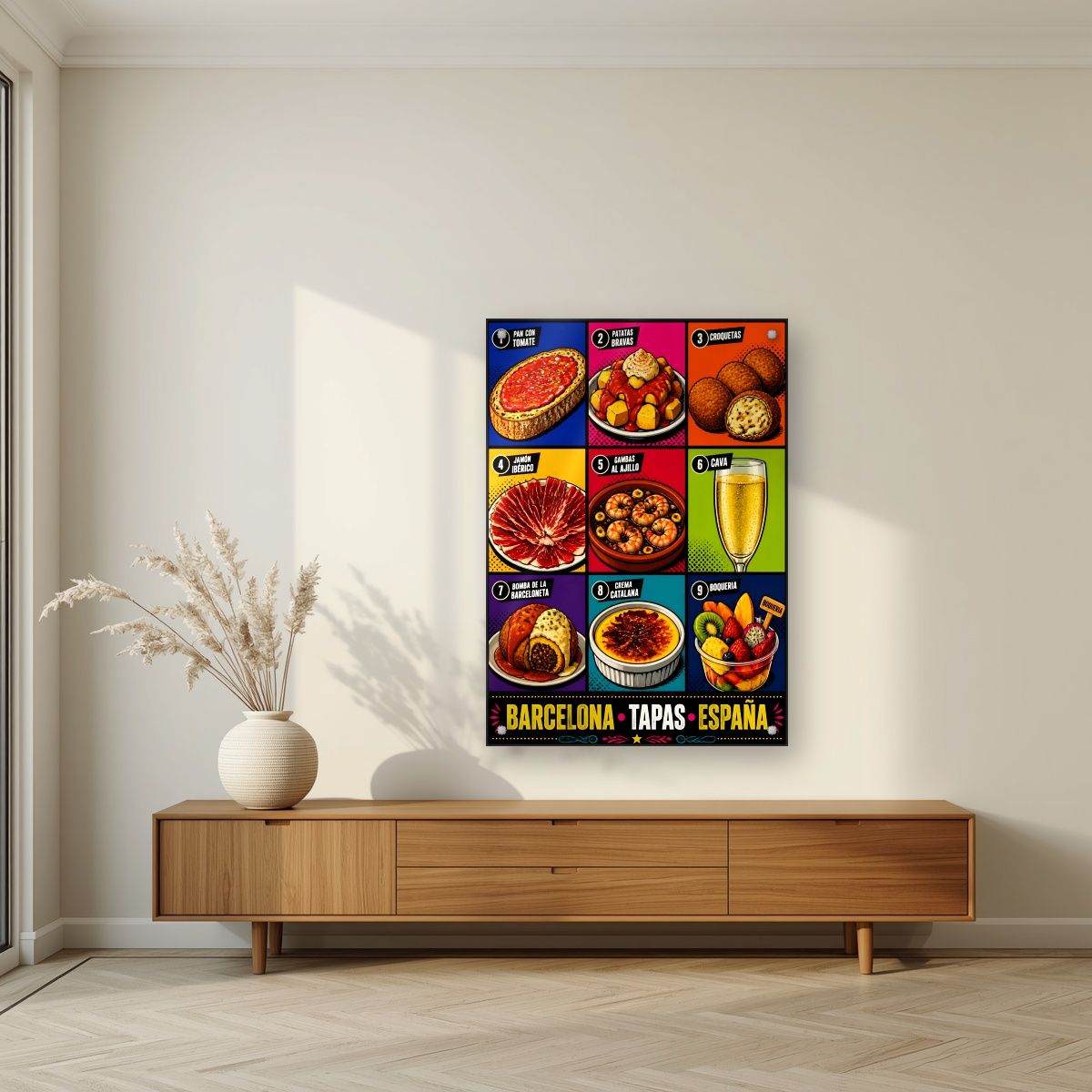 Tapas — Barcelona art print, as an acrylic print, styled in a living room