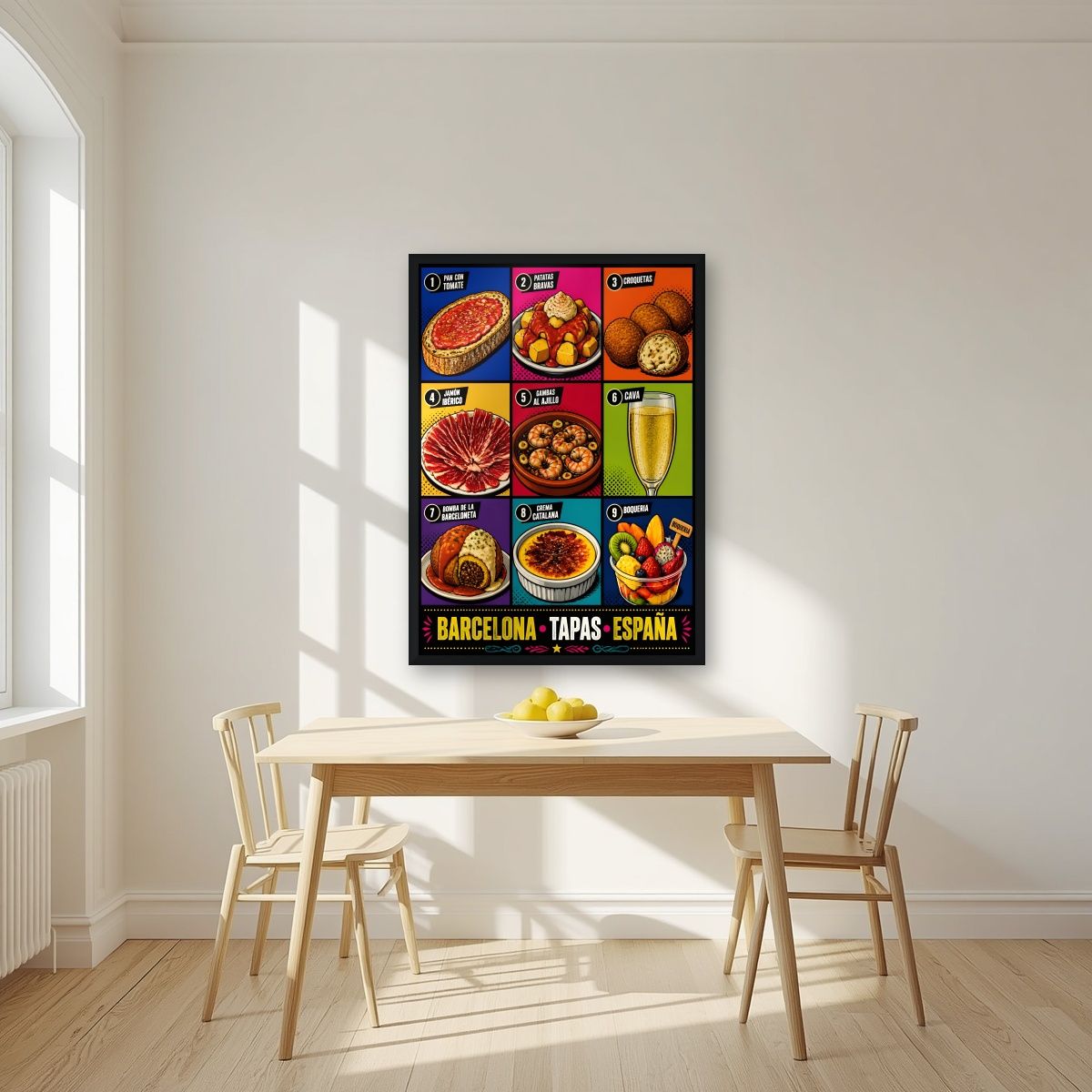 Tapas — Barcelona art print, in a black frame, styled in a kitchen