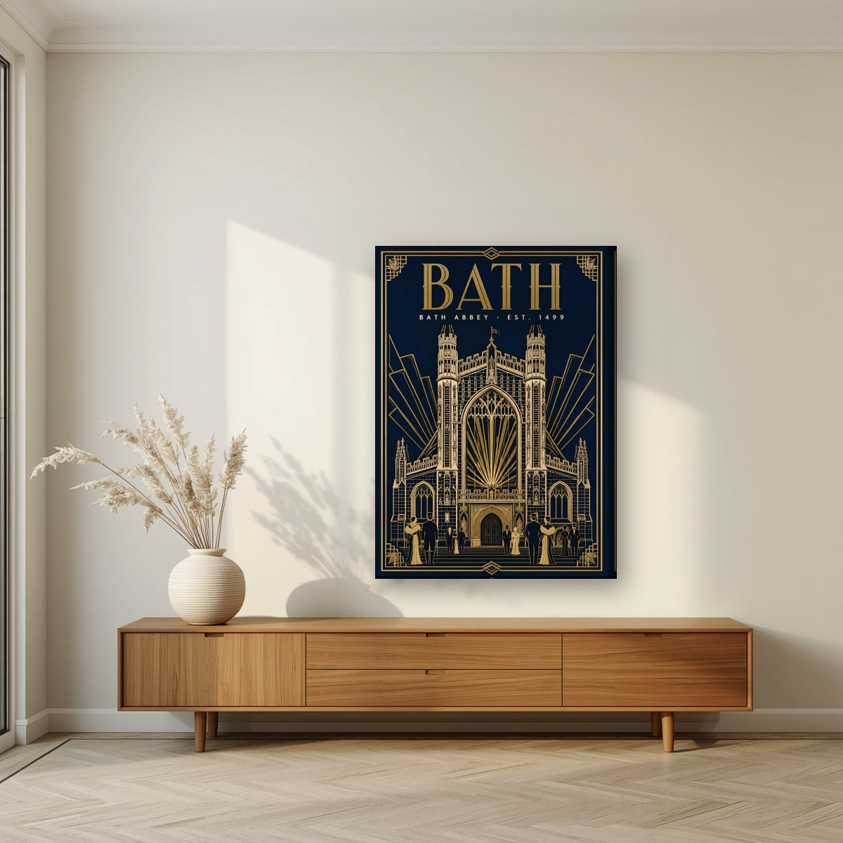 Bath Abbey on a slim-edge canvas, above a walnut sideboard in a living room
