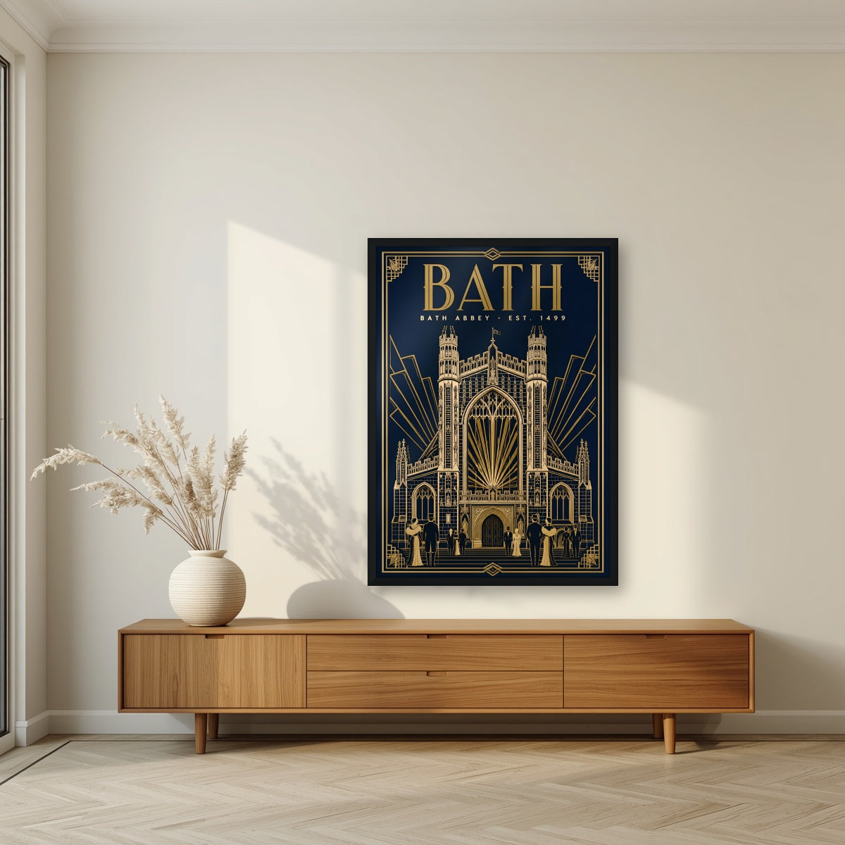 Bath Abbey in a black frame, above a walnut sideboard in a living room