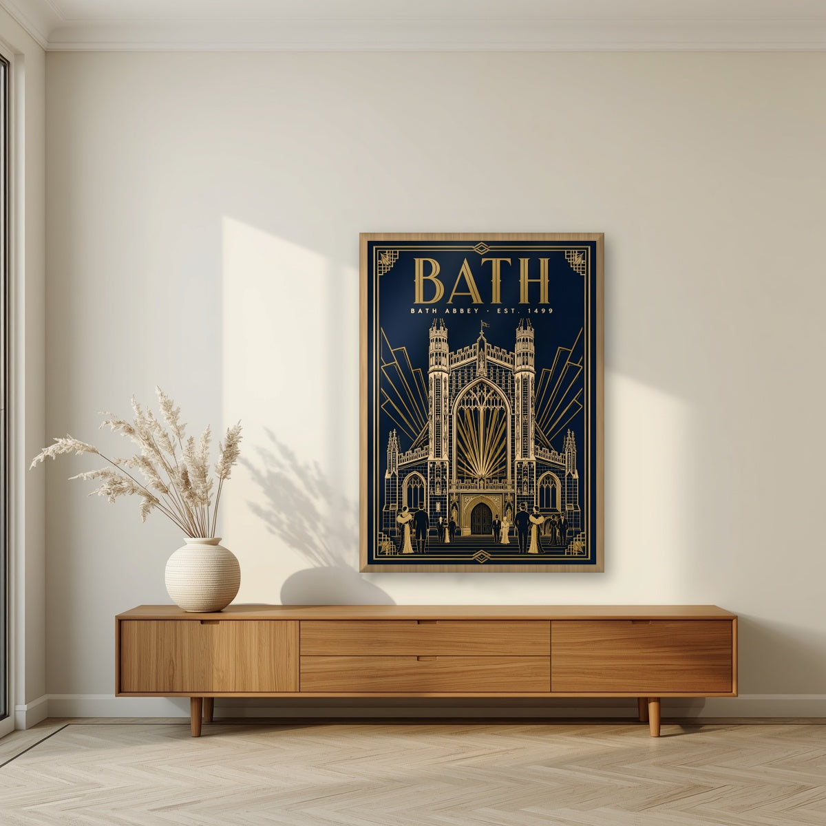 Bath Abbey in an oak frame, above a walnut sideboard in a living room