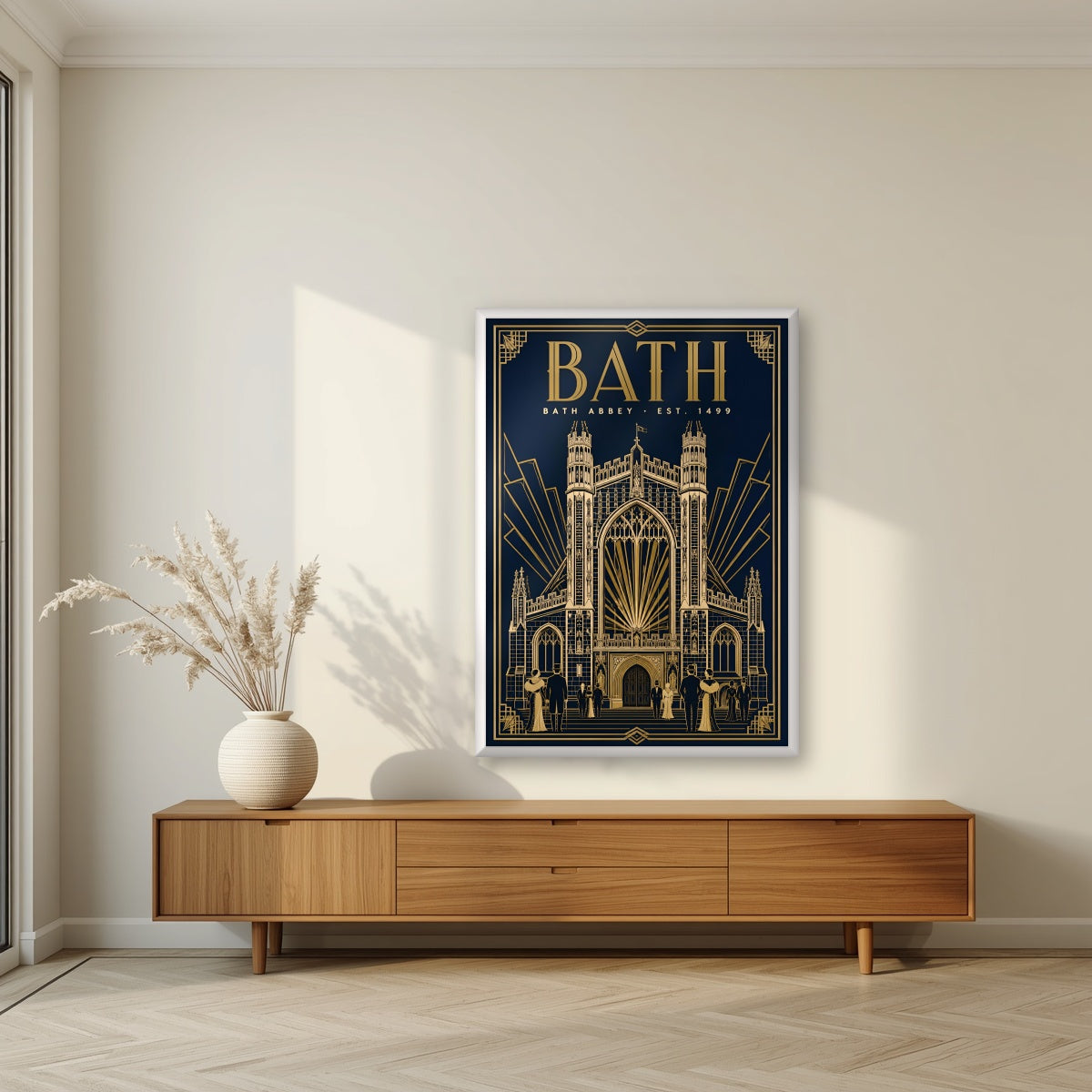 Bath Abbey in a white frame, above a walnut sideboard in a living room
