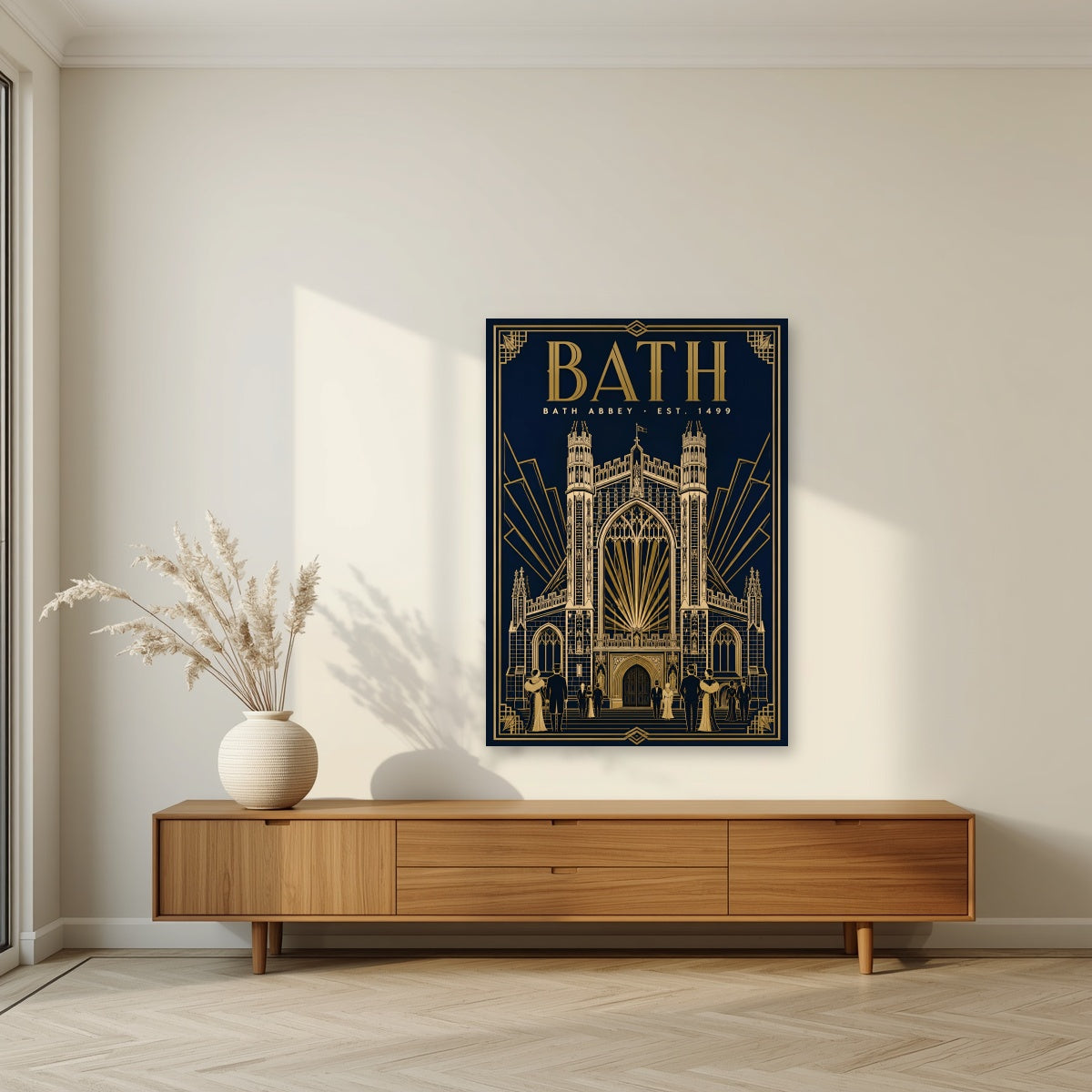 Bath Abbey as an unframed print, above a walnut sideboard in a living room
