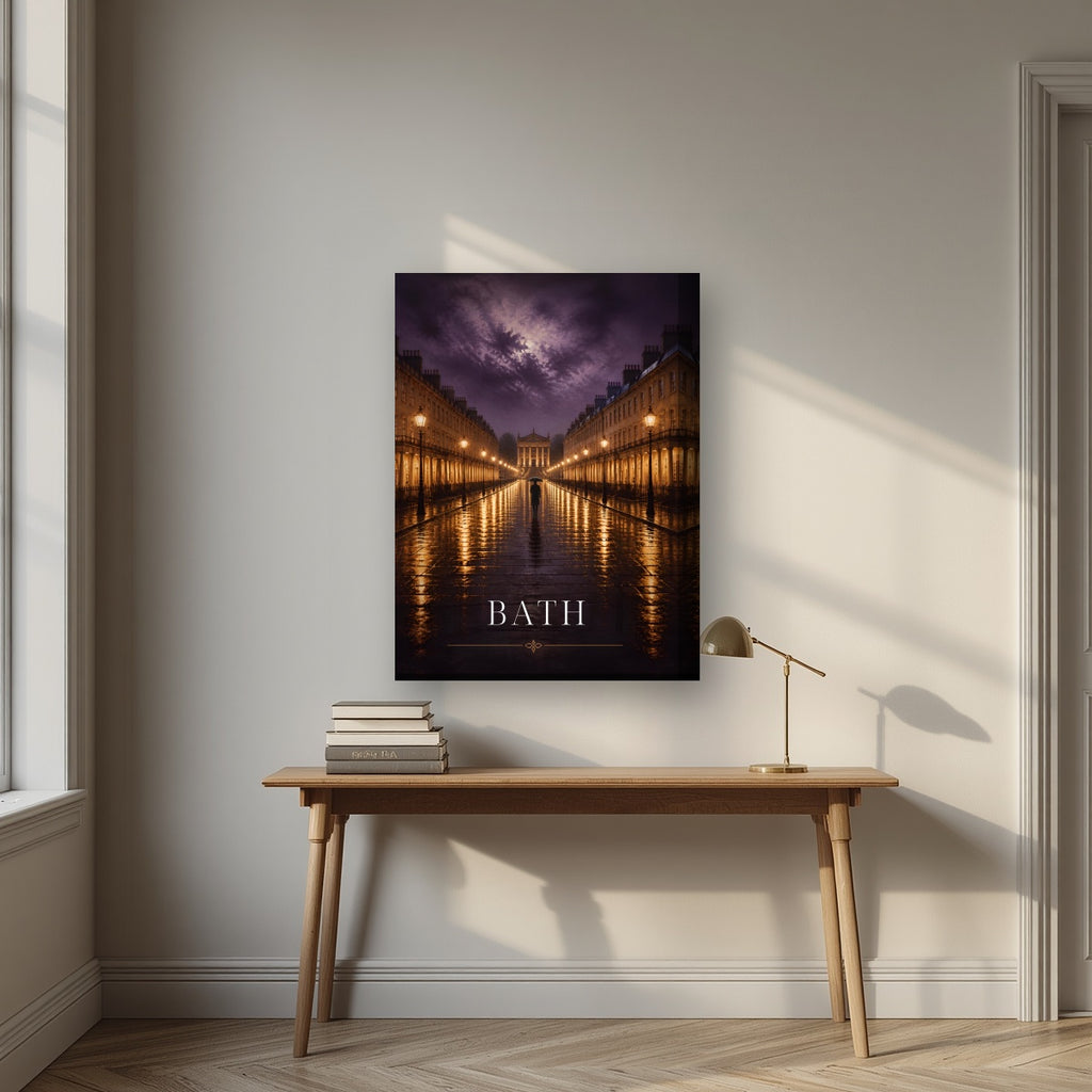 Bath by Lamplight on a thick-edge canvas, above an oak writing desk