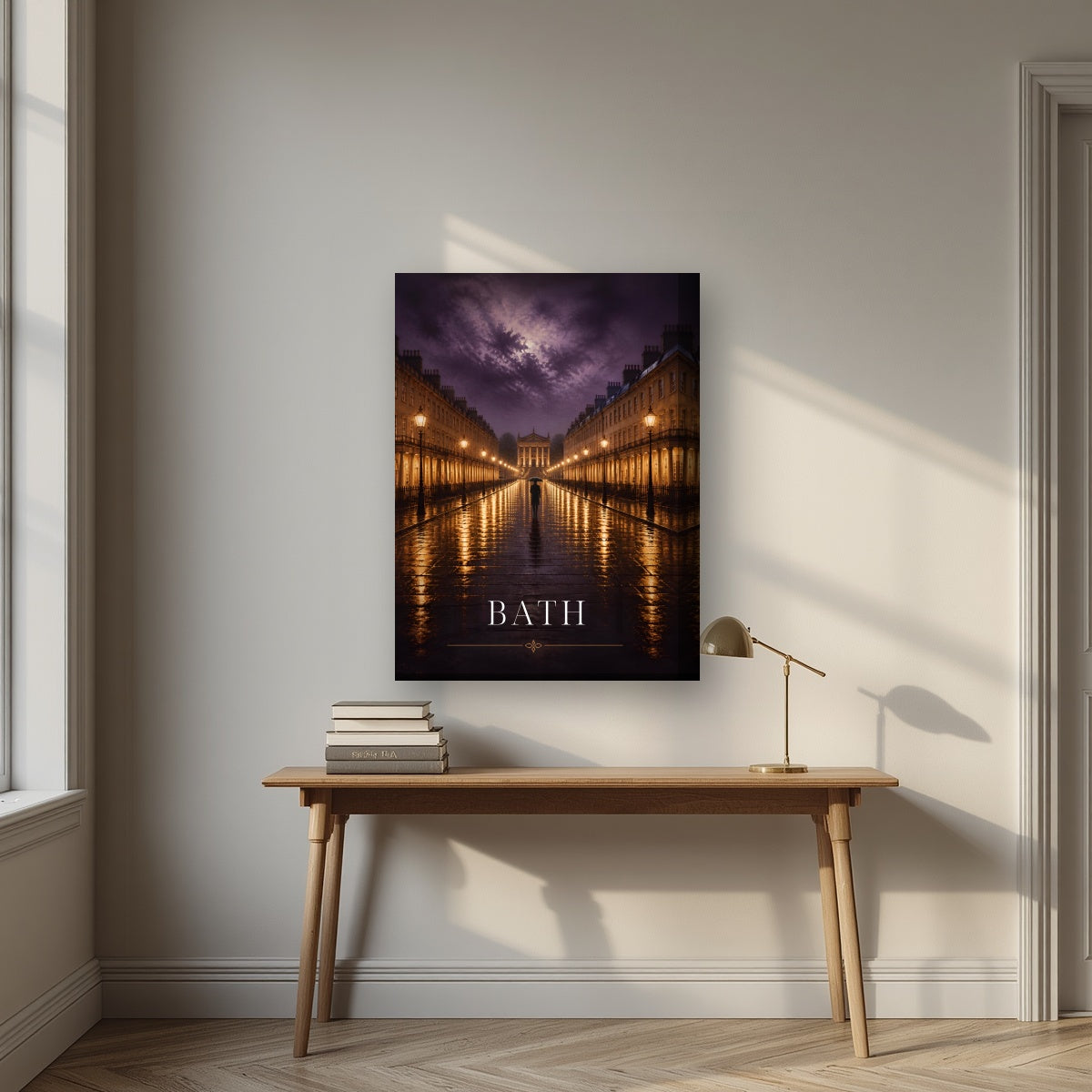 Bath by Lamplight on a thick-edge canvas, above an oak writing desk