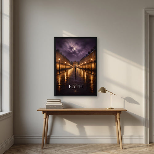 Bath by Lamplight in a black frame, above an oak writing desk