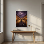 Bath by Lamplight in a white frame, above an oak writing desk