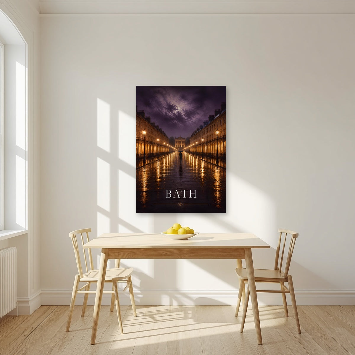 Bath by Lamplight as an unframed print, above a dining table in a bright kitchen