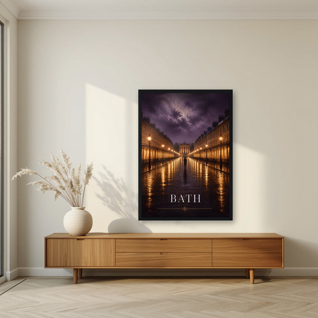 Bath by Lamplight in a black frame, above a walnut sideboard in a living room