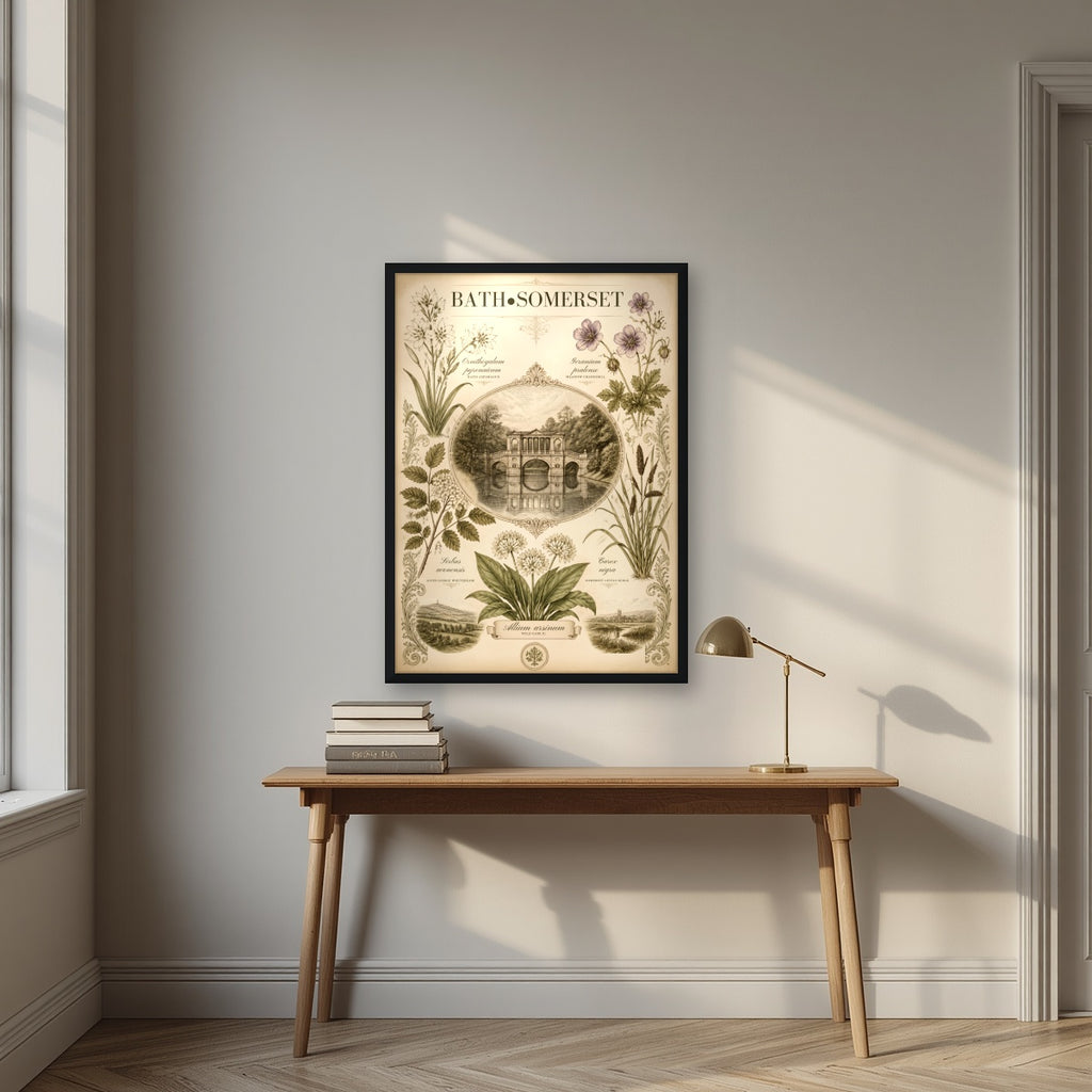Bath, Somerset in a black frame, above an oak writing desk