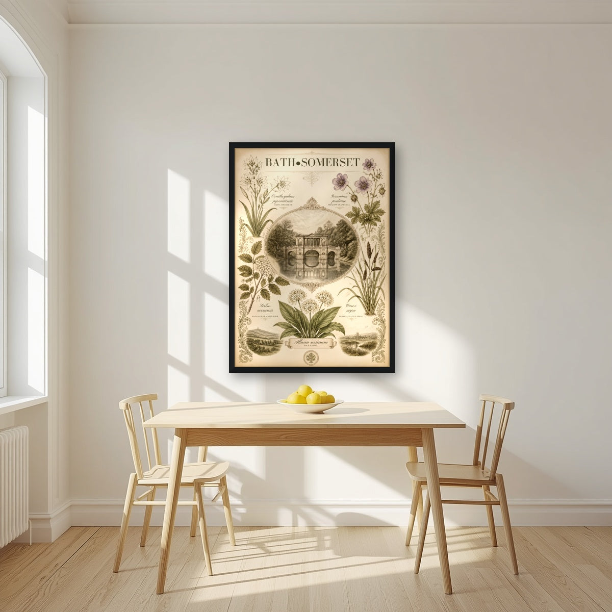 Bath, Somerset in a black frame, above a dining table in a bright kitchen