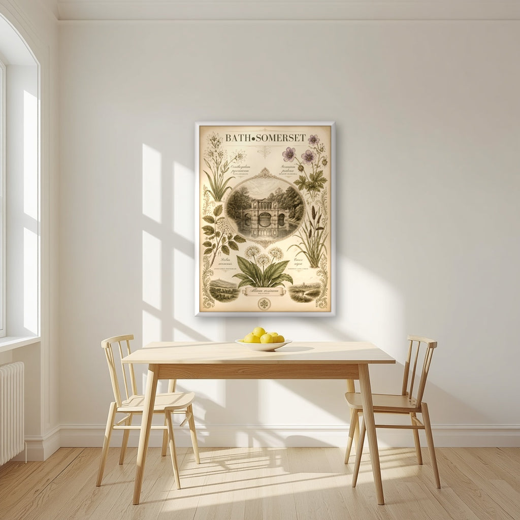 Bath, Somerset in a white frame, above a dining table in a bright kitchen