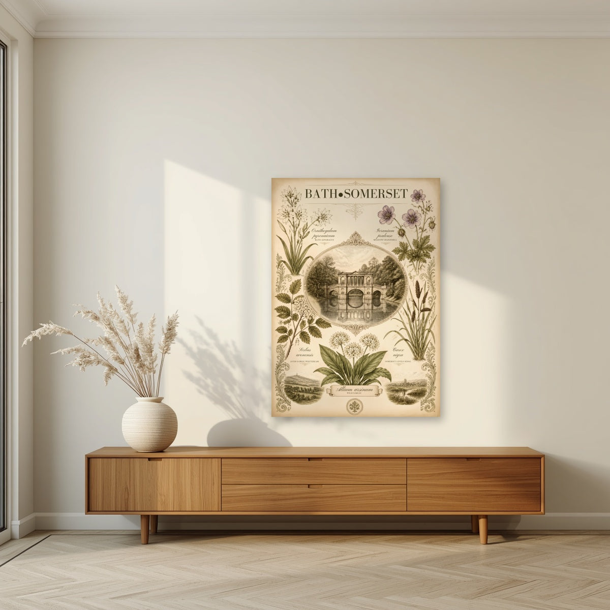 Bath, Somerset as an unframed print, above a walnut sideboard in a living room