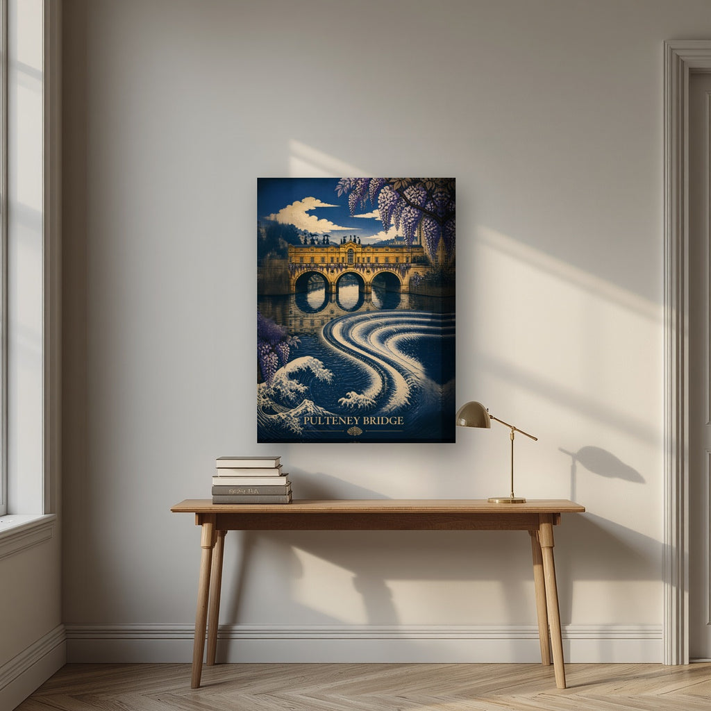 Pulteney Bridge on a thick-edge canvas, above an oak writing desk