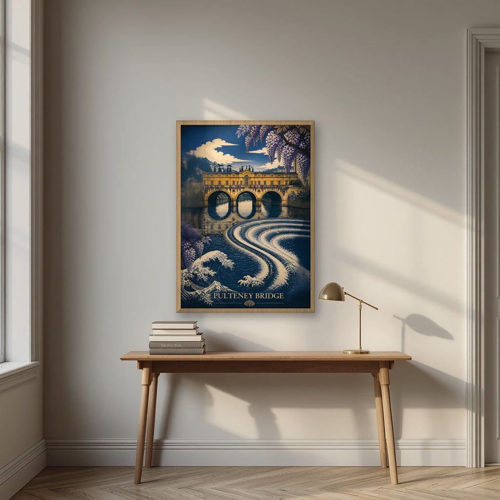 Pulteney Bridge in an oak frame, above an oak writing desk