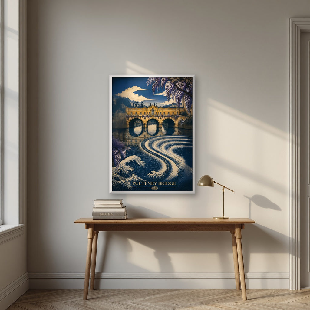Pulteney Bridge in a white frame, above an oak writing desk