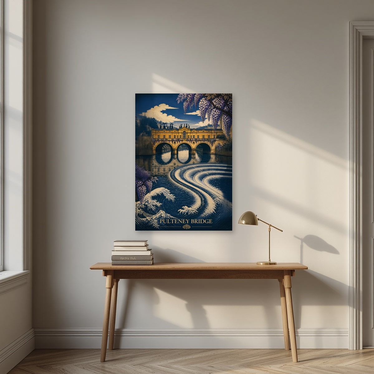 Pulteney Bridge as an unframed print, above an oak writing desk
