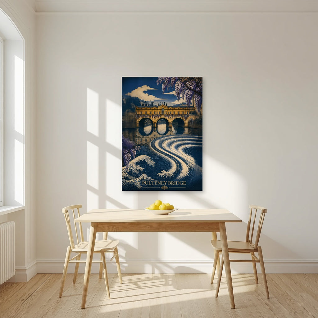 Pulteney Bridge as an unframed print, above a dining table in a bright kitchen