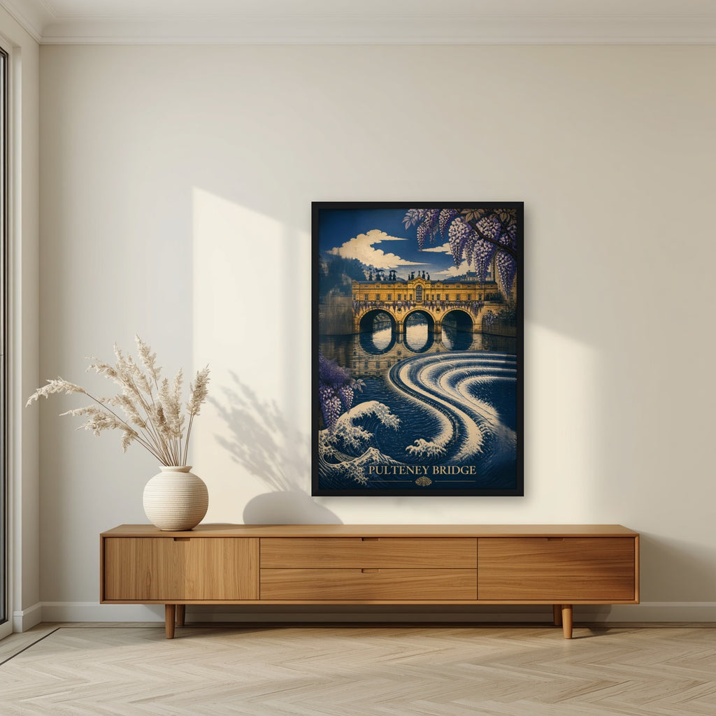 Pulteney Bridge in a black frame, above a walnut sideboard in a living room