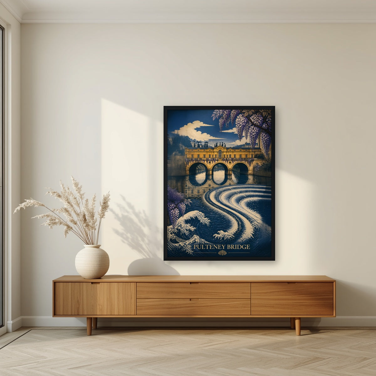 Pulteney Bridge in a black frame, above a walnut sideboard in a living room