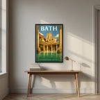 The Roman Baths in a black frame, above an oak writing desk