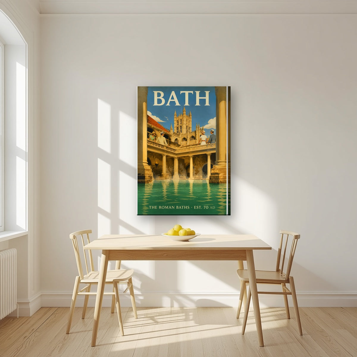 The Roman Baths on a slim-edge canvas, above a dining table in a bright kitchen
