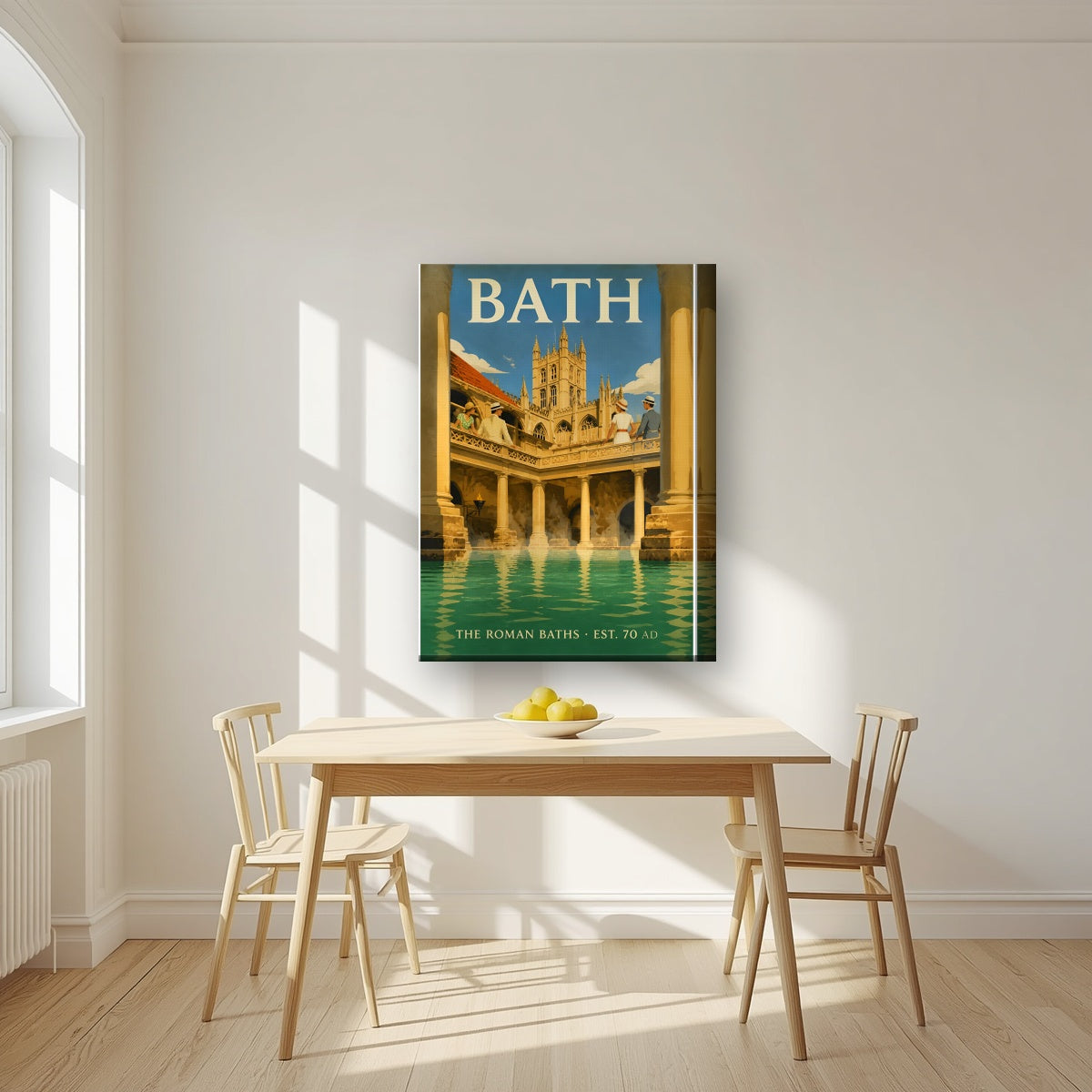 The Roman Baths on a thick-edge canvas, above a dining table in a bright kitchen