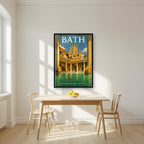 The Roman Baths in a black frame, above a dining table in a bright kitchen