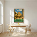 The Roman Baths in an oak frame, above a dining table in a bright kitchen